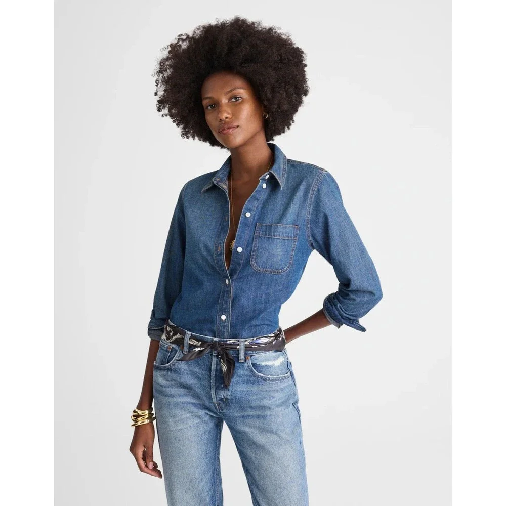 Madewell XS Tuckable Denim Shirt in Greendale Wash Cotton Button Up Blue NWT - Picture 1 of 14